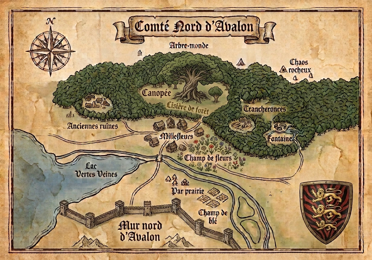 Carte du Comté nord d'Avalon avec annotations