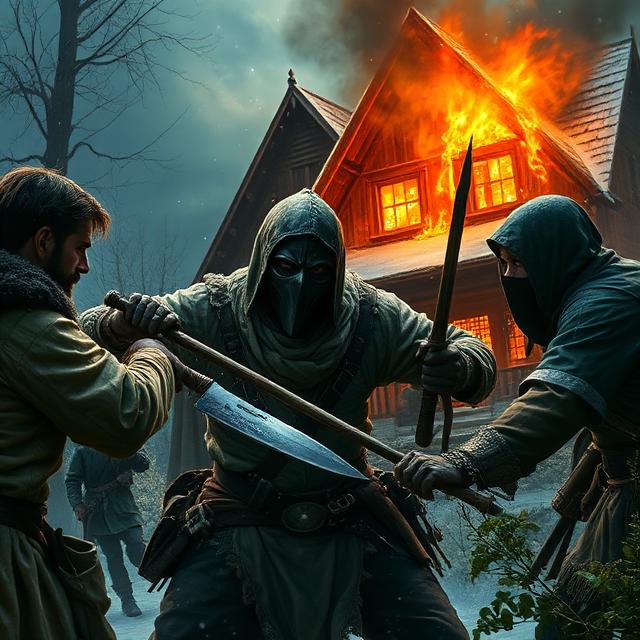 Les habitants combattant le tueur devant la maison des Roy