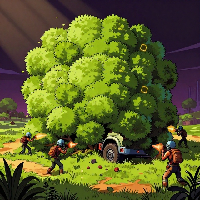 Nos explorateurs qui assistent à la disparition de leur camion par un buisson autonome